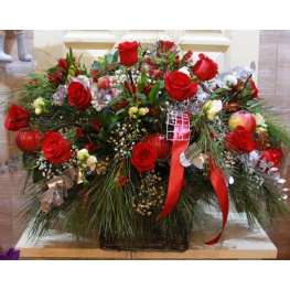 basket with red roses, freesias, alstroemerias